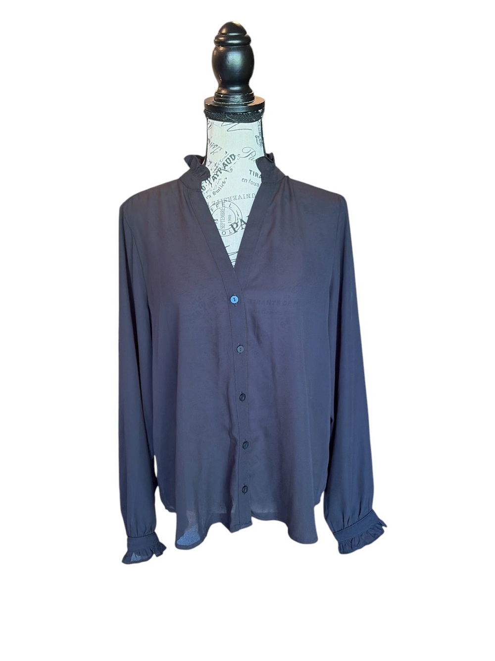 ON 34th Ruffle Neck Blouse Minimalist Career Office Work Chic Black Large NWT